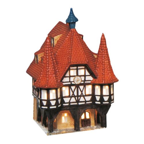 Wurm világító ház, Michelstadt városháza, porcelánból, piros/barna. Méret: 14x13x19cm